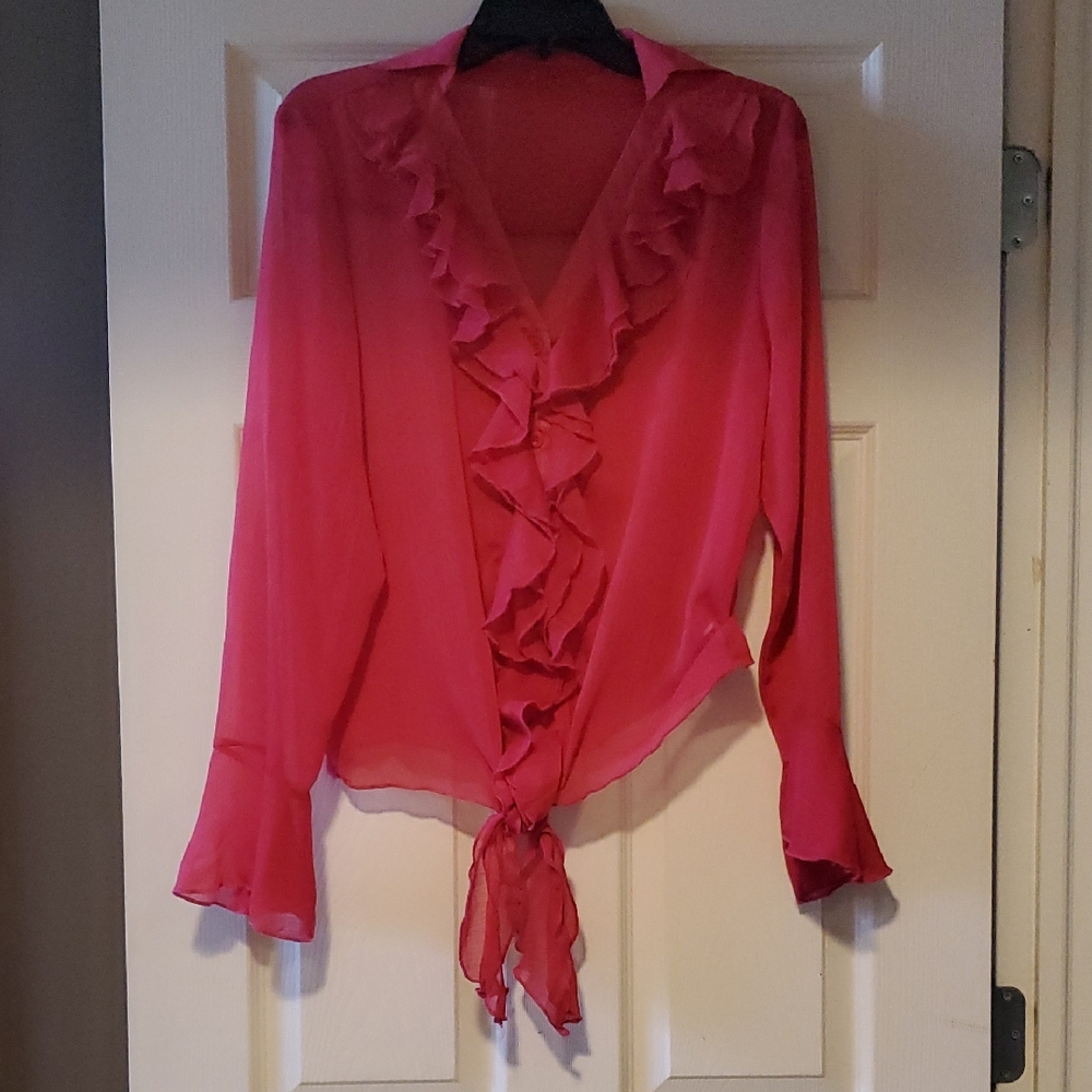 SHEIN Pink Ruffled Tie Front Blouse with Notched Collar